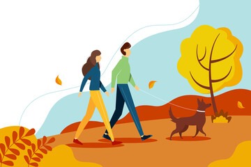 Woman and man walking with the dog in the Park in autumn. The concept of an active lifestyle, outdoor recreation. Cute vector illustration in flat style.