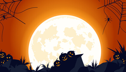 Cobwebs and an abandoned wasteland with pumpkins and scary thickets. Scary halloween isolated background. Orange and yellow background. Vector illustration.