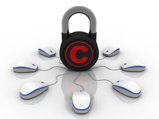 
3d illustration copyright symbol concept with lock connected mouse