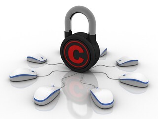 
3d illustration copyright symbol concept with lock connected mouse