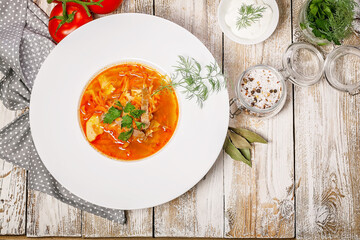 Plate of cabbage soup with beef, fresh tomatoes and herbs on a light wooden background. Top view. Copy space