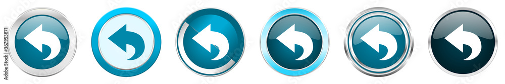 Aufkleber back silver metallic chrome border icons in 6 options, set of web blue round buttons isolated on whi
