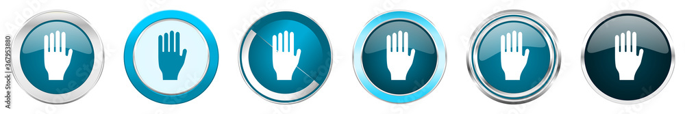 Aufkleber stop silver metallic chrome border icons in 6 options, set of web blue round buttons isolated on whi
