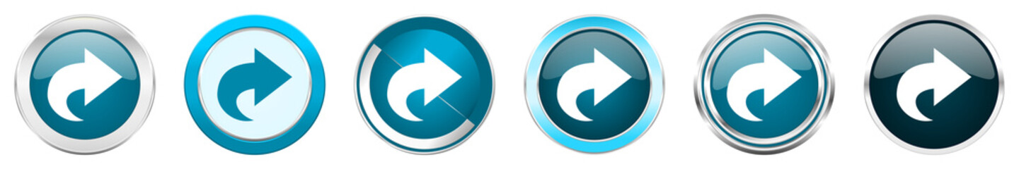 Next silver metallic chrome border icons in 6 options, set of web blue round buttons isolated on white background