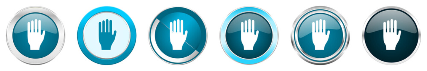 Stop silver metallic chrome border icons in 6 options, set of web blue round buttons isolated on white background