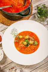 Close-up plate of soup with cabbage, beef, fresh tomatoes and herbs on a light wooden background. Vertical shot