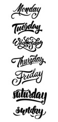 vector lettering, calligraphy,typographic set of days of the week, monday, tuesday, wednesday, thursday, friday, saturday, sunday, black and white text