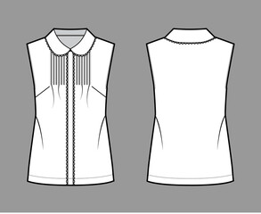 Pintucked blouse technical fashion illustration with round collar, scalloped lace, sleeveless, loose silhouette. Flat shirt apparel template front back white color. Women, men unisex top CAD mockup