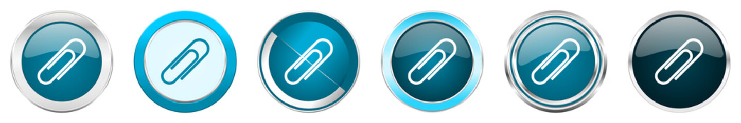 Paperclip silver metallic chrome border icons in 6 options, set of web blue round buttons isolated on white background