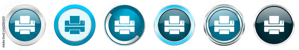 Poster printer silver metallic chrome border icons in 6 options, set of web blue round buttons isolated on 