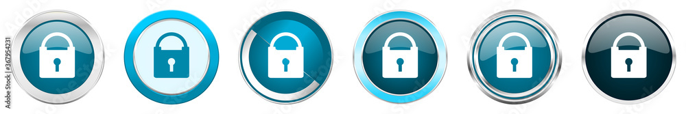 Poster Padlock silver metallic chrome border icons in 6 options, set of web blue round buttons isolated on white background