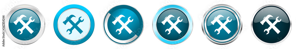 Fototapete tool silver metallic chrome border icons in 6 options, set of web blue round buttons isolated on whi