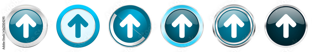 Leinwandbilder up arrow silver metallic chrome border icons in 6 options, set of web blue round buttons isolated on