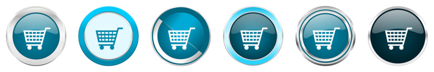 Shopping cart silver metallic chrome border icons in 6 options, set of web blue round buttons isolated on white background