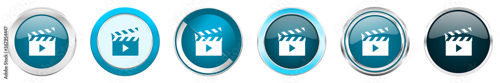 Aufkleber video silver metallic chrome border icons in 6 options, set of web blue round buttons isolated on wh