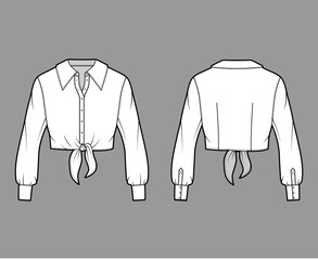 Cropped tie-front shirt technical fashion illustration with oversized collar and long sleeves. Flat apparel blouse template front back, white color. Women, men and unisex top CAD mockup