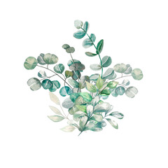 Watercolor illustration. Image of a bouquet of eucalyptus and green twigs.