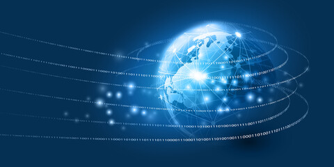 Abstract Blue Modern Minimal Style Cloud Computing, Networks, Telecommunications Concept Design with Polygonal Mesh, Glowing Lines of Binary Code Data Around Earth Globe - Vector Illustration © bagotaj