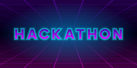 Hackathon retrowave style banner. Neon tech Hackathon inscription on laser perspective grid background. Design element for event advertising, shares, promotion. Vector
