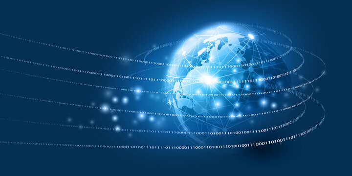 Abstract Blue Modern Minimal Style Cloud Computing, Networks, Telecommunications Concept Design with Polygonal Mesh, Glowing Lines of Binary Code Data Around Earth Globe - Vector Illustration