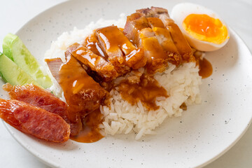 crispy pork on rice with barbecue sauce