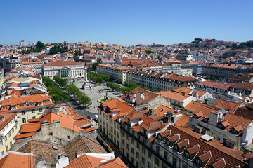 Fototapeta na wymiar Lisbon, panoramic view of the Rossio square from above, from the Santa Giusta lift