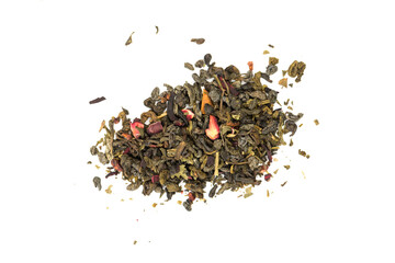  Leaves of Chinese Dry Tea Top Grade with Goji Berries and Powdered Acai on White Background