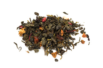  Leaves of Chinese Dry Tea Top Grade with Goji Berries and Powdered Acai on White Background