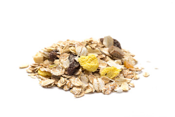 oatmeal with raisins, coconut, pineapple and banana slices isolated on a white background. For packing oatmeal or granola.