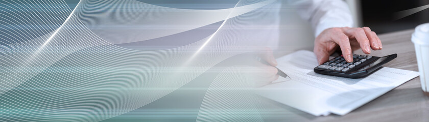 Male hands making calculation; panoramic banner