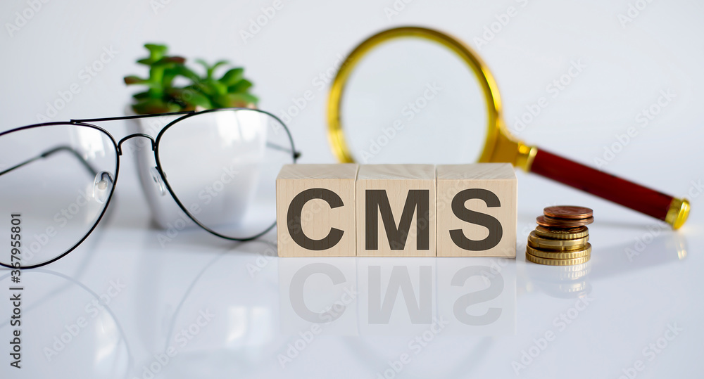 Aufkleber cms custom management system written on a wooden cube on light background