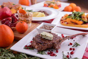 Table served for thanksgiving dinner. Autumn food on white background. Flat lay, top view, copy space
