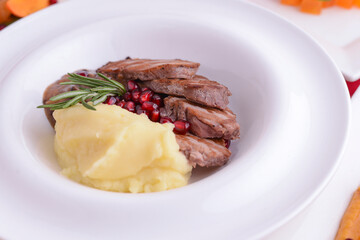 Table served for thanksgiving dinner. Autumn food on white background. Flat lay, top view, copy space