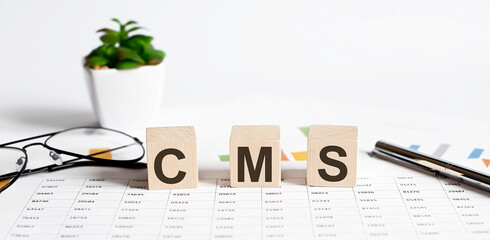 CMS word concept written on wooden blocks, cubes on a light table with flower ,pen and glasses on...