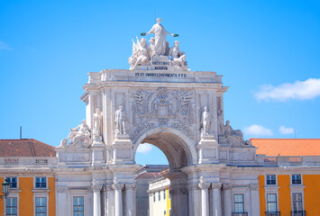 Arco da Rua Augusta with Statues in Lisbon .Ornate triumphal arch in Lisbon .  Praca do Comercio is located in the center of Lisbon, Portugal