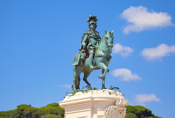 Fototapeta premium Statue of King Jose and his horse at Praca do Comercio in Lisbon . Symbol of Portugal 