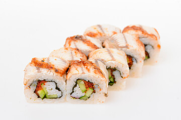 Eight sushi fresh maki rolls, isolated on white. Set of maki rolls with philadelphia cheese. Japanese cuisine.