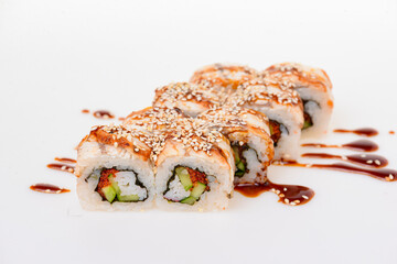 Eight sushi fresh maki rolls, isolated on white. Set of maki rolls with philadelphia cheese. Japanese cuisine.