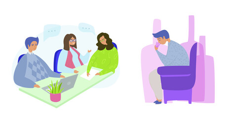 Alcohol addiction, mental disorders in company and alone flat vector illustration. Sad man drinking alcohol while sitting on an armchair when left alone. Dipsomaniac, alcohol danger for health, boozer