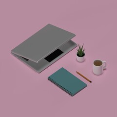 Isometric concept of laptop, spiral notebook, pencil, coffee and decorative plant. Ideal for blogging or home office. 3D rendered illustration