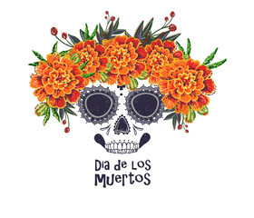 Vector sugar skull with marigold flowers wreath illustration in watercolor style. Dia de los muertos day. Halloween poster background, greeting card or t-shirt design on white backdrop