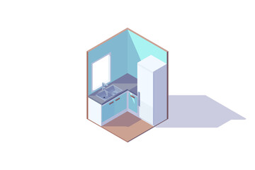 Isometric low poly kitchen isolated on white background. There are fridge, washbasin, window, lockers. Vector illustration