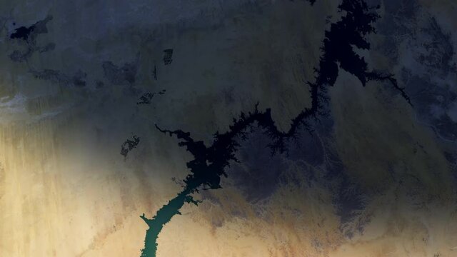 Lake in the desert sunrise animation aerial satellite view, Lake Nasser and Nile river in Egypt. Images furnished by Nasa