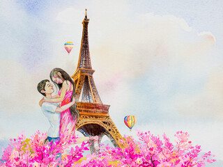 Asia couple travel holiday. Eiffel tower Paris France with ballooning.