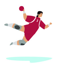 Fototapeta na wymiar Handball flat vector illustration. Girl, woman in sports uniform with a ball at the competition, training, game. Championship, Sports types concept. Ball game in hand.