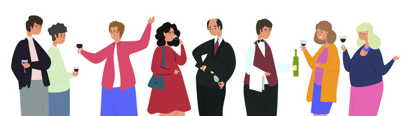 Wine tasting flat vector illustration. Alcohol Tasting Events, Men and Women have fun and try alcohol. People at an alcohol testing event, event for tourists, isolated on white background concept. 