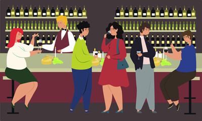 Wine tasting flat vector illustration. Alcohol Tasting Events, People have fun and try alcohol at the bar, event for tourists concept. Have a good time with friends in the evening after work.