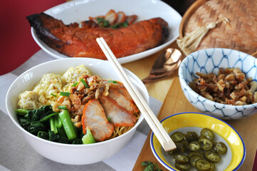 Lunch set of Chinese Food Wanton Mee with Red Grilled Pork