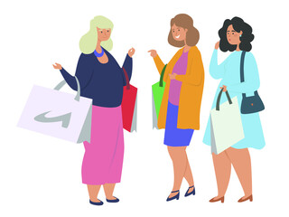 Fototapeta premium Shopping with friends flat vector illustration. Girls, women with packages from shops stand on an isolated background. Friendship, sale, spend time with girlfriends concept. 