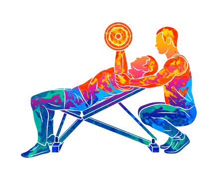 Abstract trainer helps a man to train his chest with dumbbells on the bench press from splash of watercolors. Vector illustration of paints